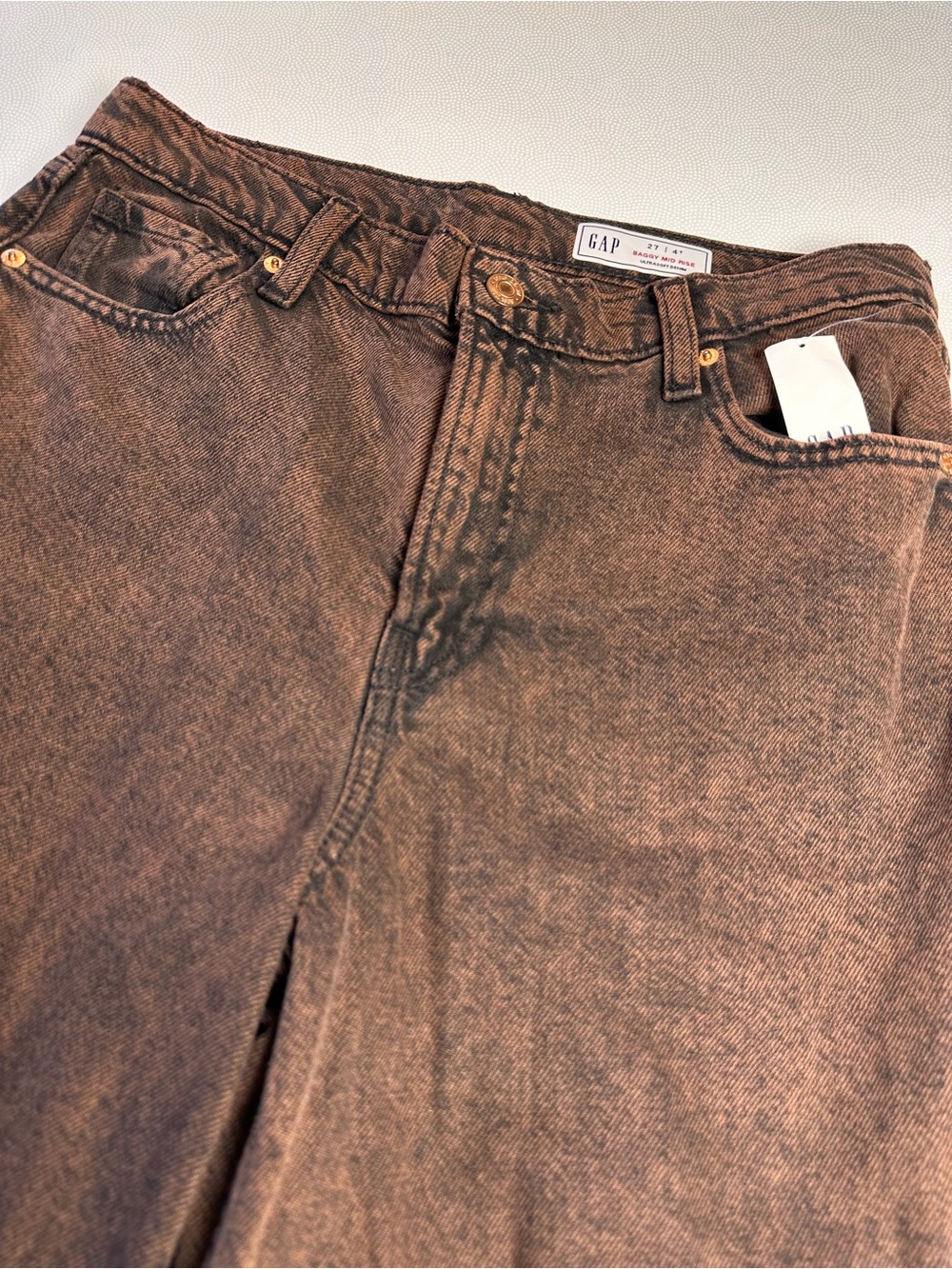 GAP Baggy Mid Rise Wide Leg Jeans Brown Copper Wash 27 Tall NWT - Picture 12 of 14